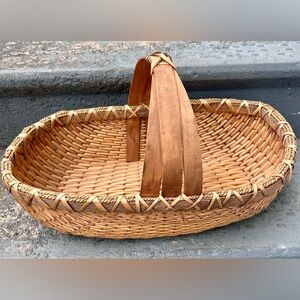 Vintage Hand Woven Willow Handle Gathering Basket Broken 18" x 10"